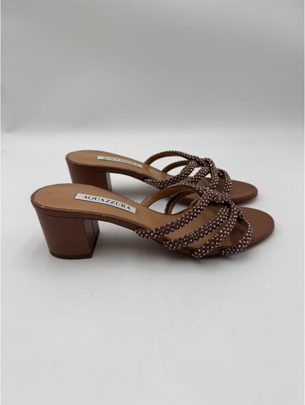 Women’s AQUAZZURA Crystal-Embellished Leather Mules Brown Size 38